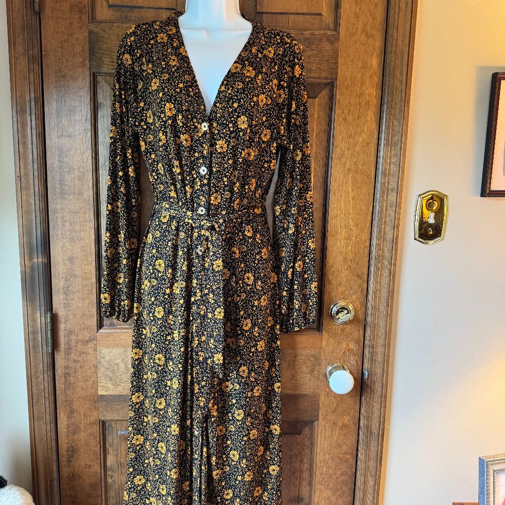 MICHAEL Michael Kors Black w/Scattered Golden Yellow Flowers Button Close Dress